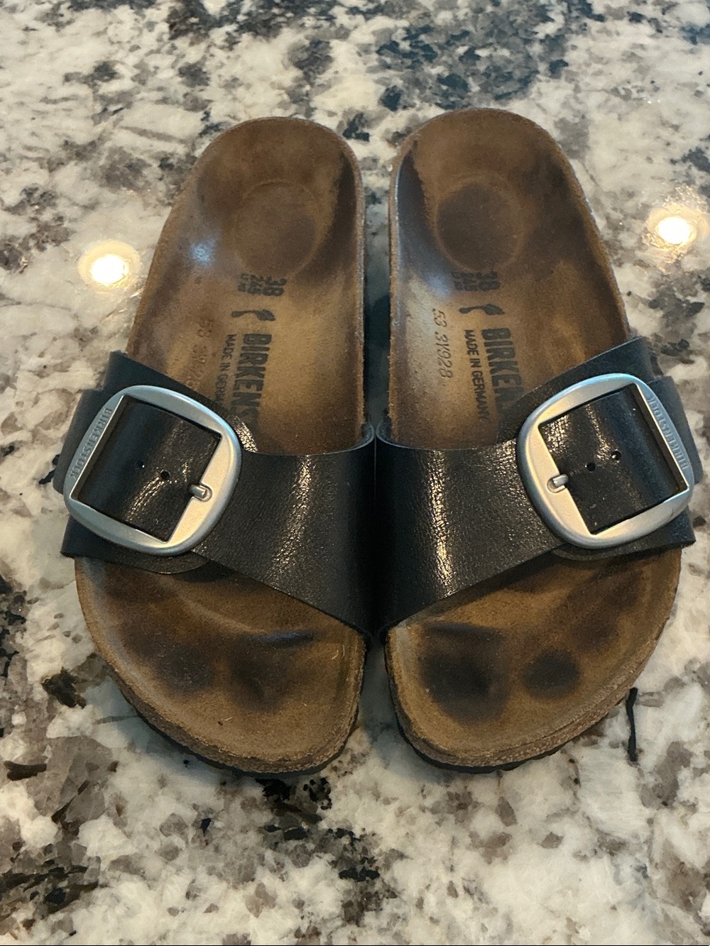 Birkenstock Black Leather Buckle Slide Sandals